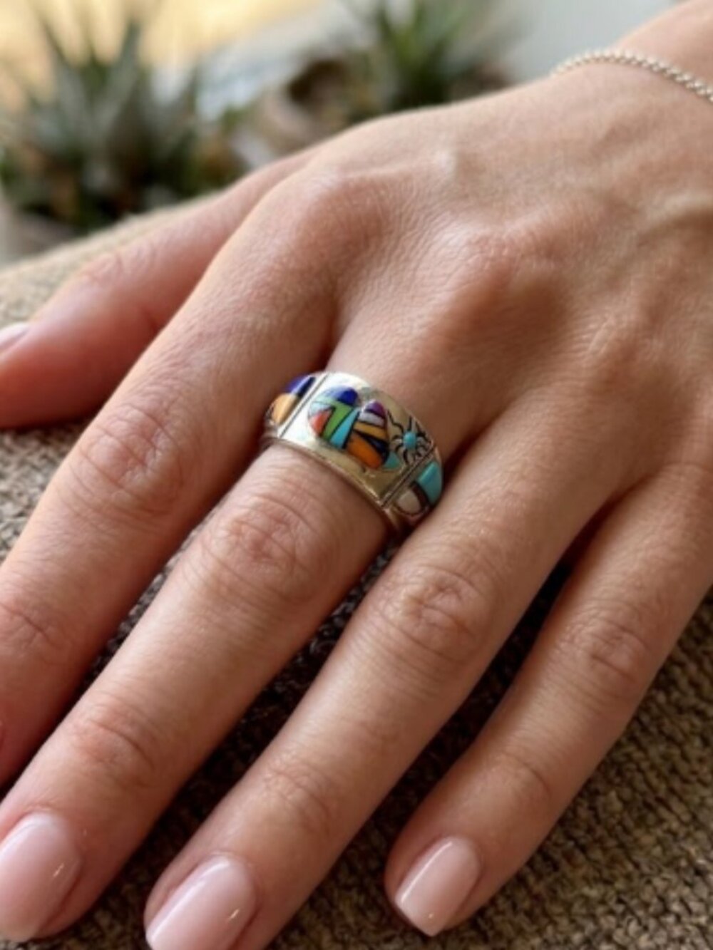 Sterling Silver Inlay Turquoise Lapis Coral Gemstone Band Ring Native American